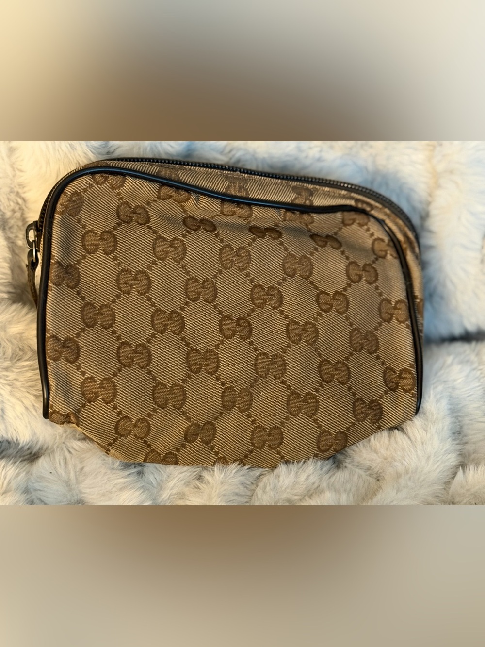 Gucci Beige Brown GG Jacquard Zip Pouch